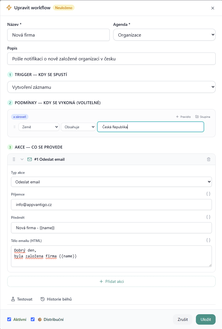 Vantia CRM — návrhář workflow automatizace